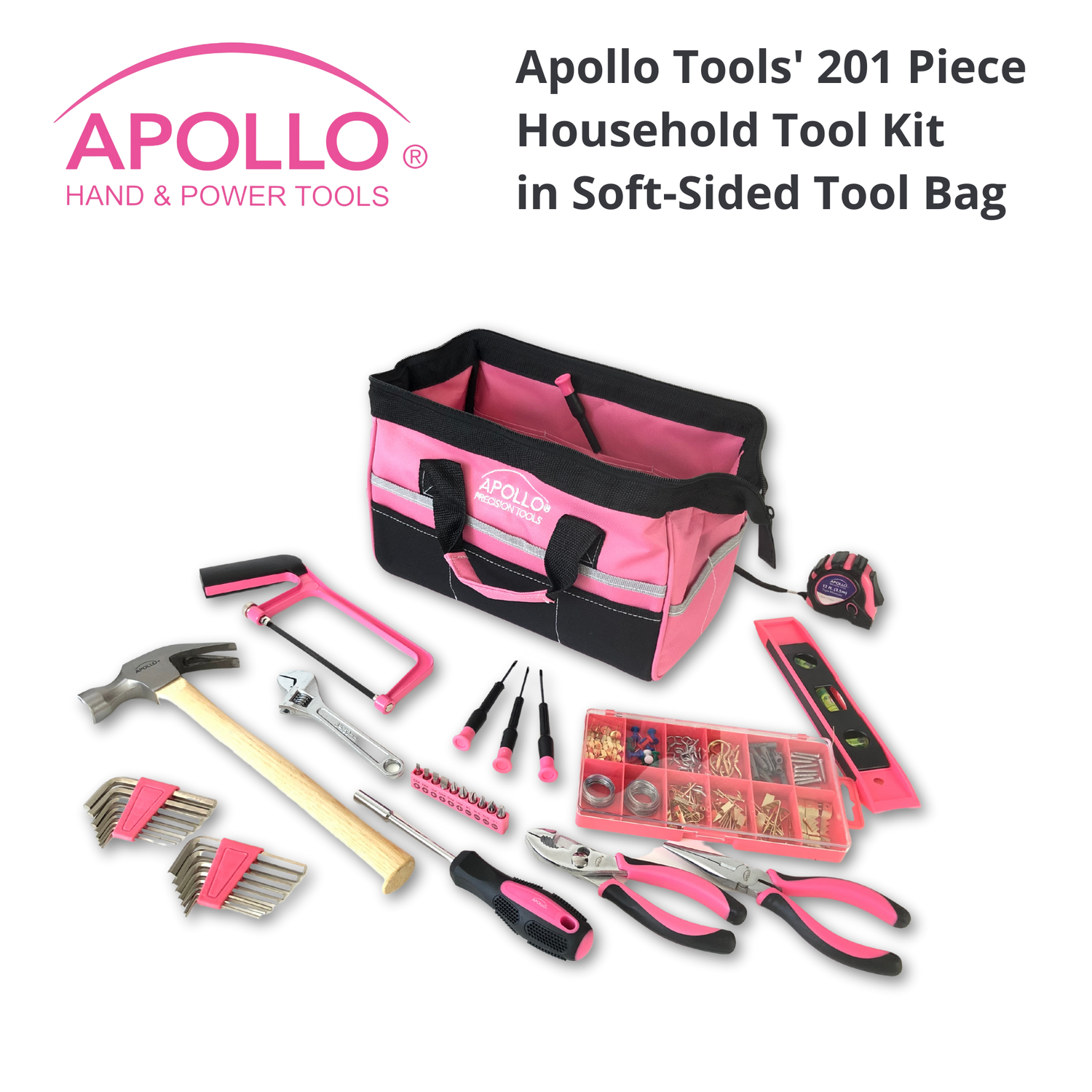 201 Piece Household Tool Kit in a Soft-Sided Tool Bag Pink - DT0020P - Prop and Piston