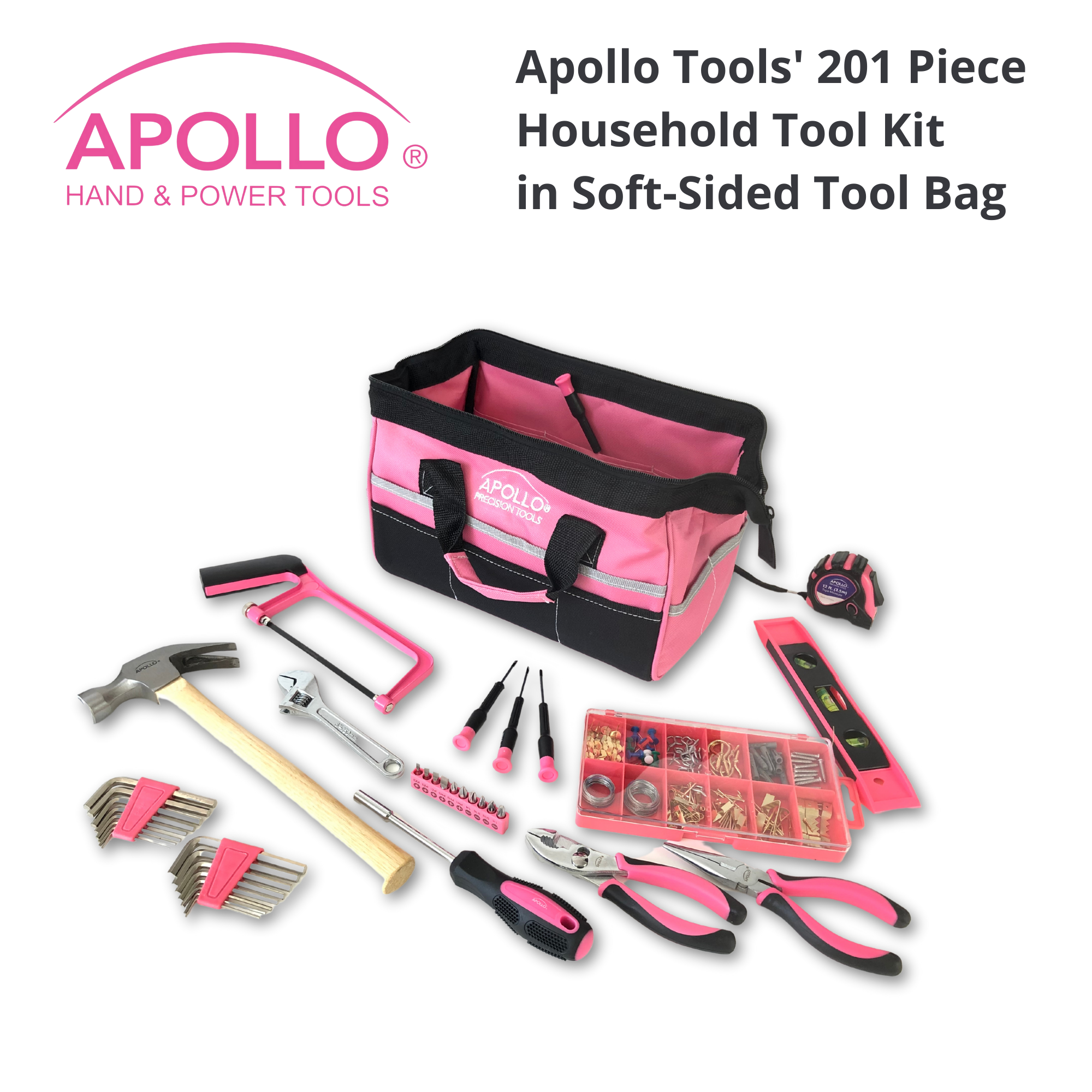 201 Piece Household Tool Kit in a Soft-Sided Tool Bag Pink - DT0020P - Prop and Piston