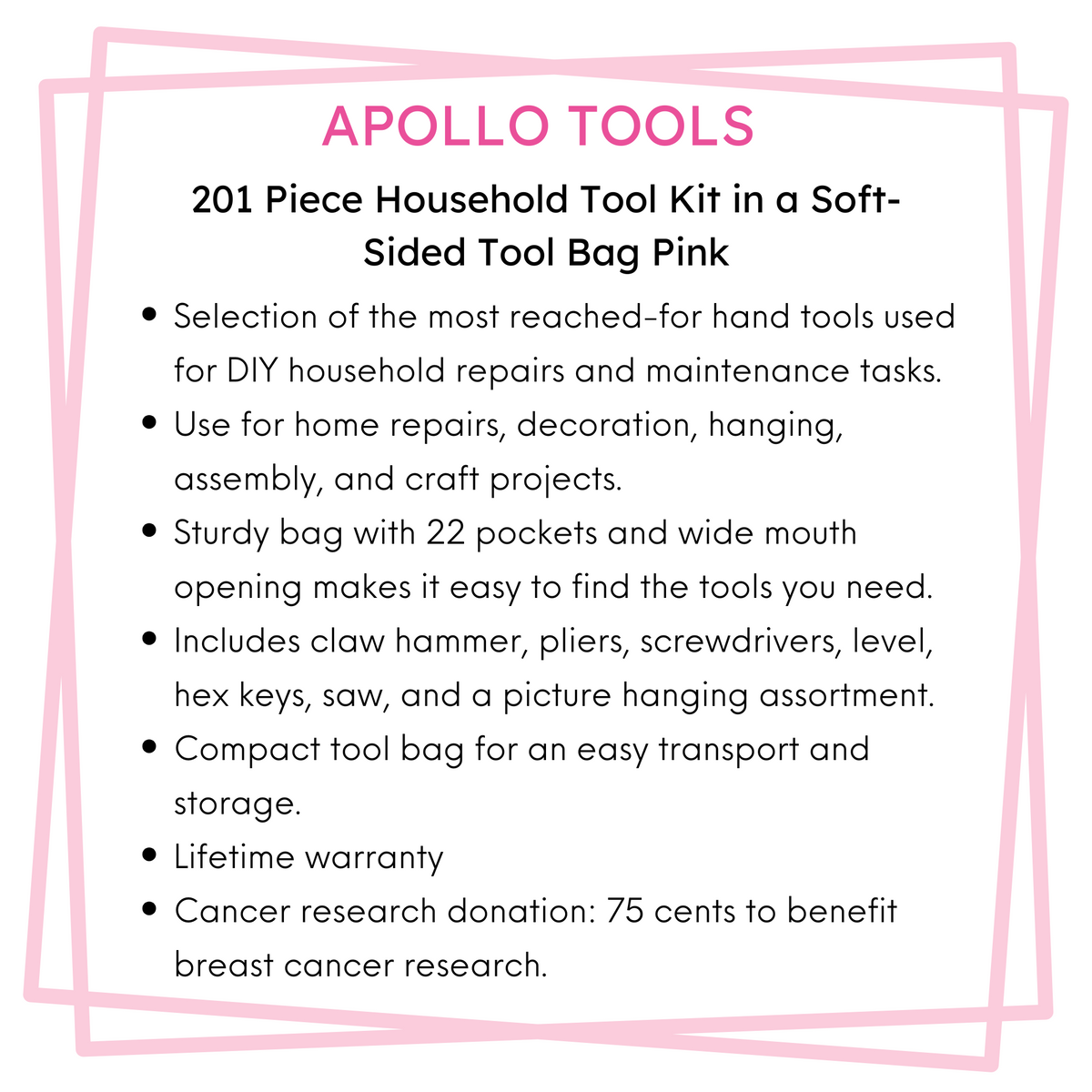201 Piece Household Tool Kit in a Soft-Sided Tool Bag Pink - DT0020P - Prop and Piston