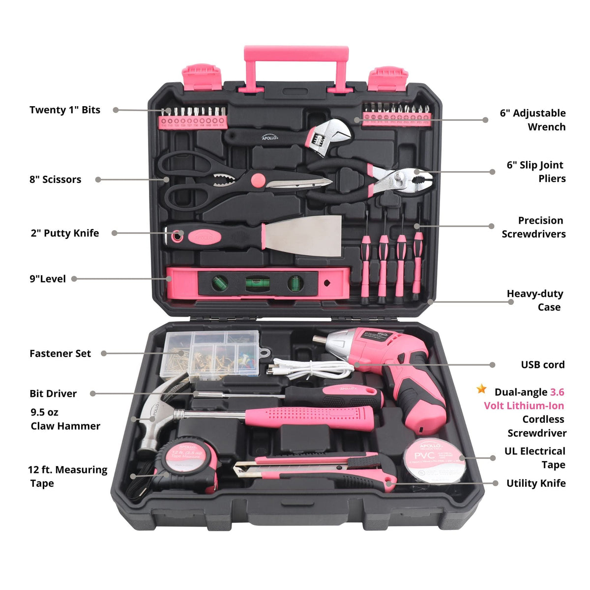 New and Improved 135 Piece Pink Household Tool Set with Pivoting Dual-Angle 3.6 Volt Lithium-Ion Cordless Screwdriver in Hard Case - DT0774P - Prop and Piston
