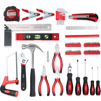 71 piece household tool kit with hammer, screwdrivers, pliers, wrench, clamps, tape measure, level, hex keys, hacksaw, and storage case