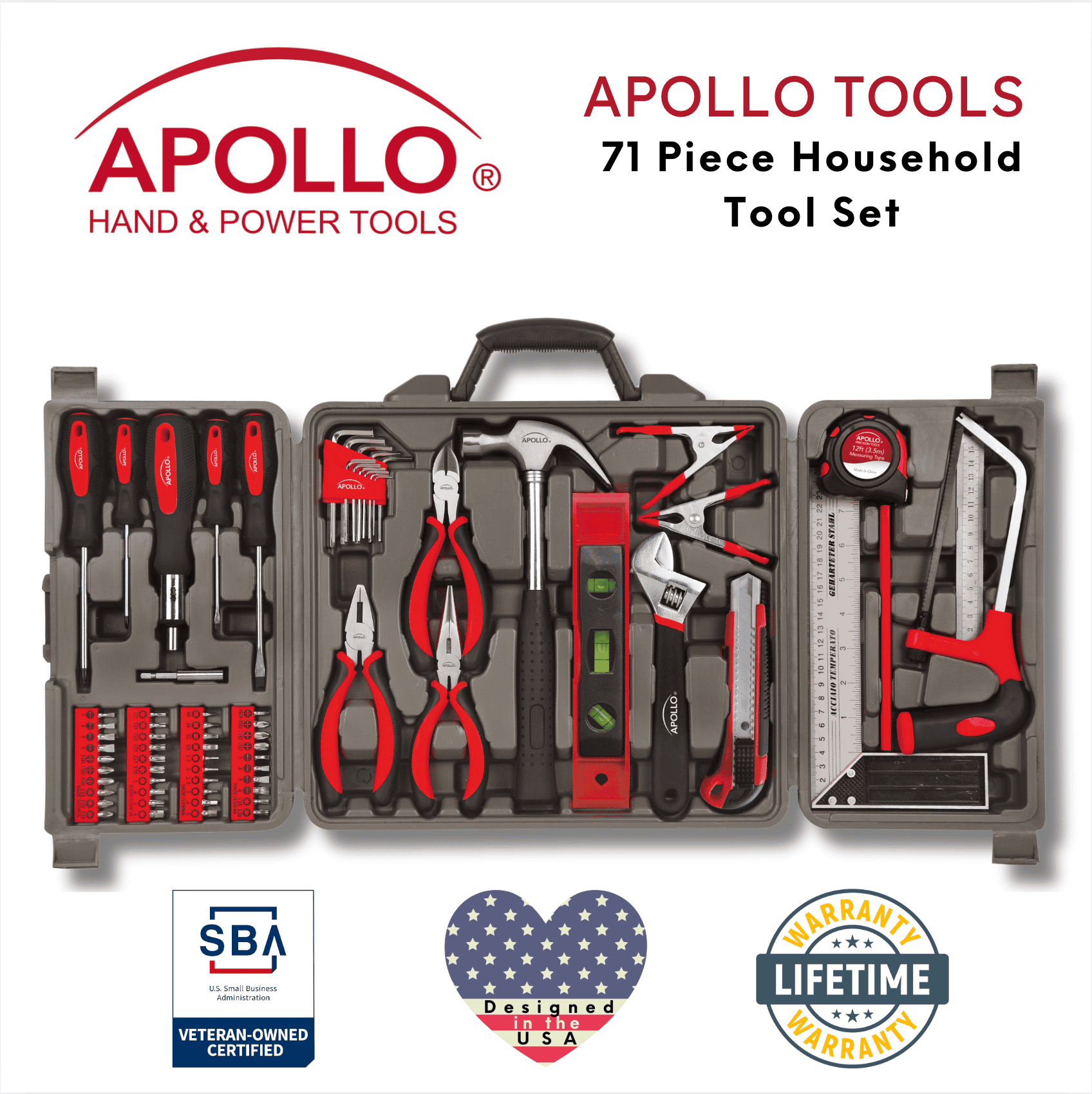 Apollo Tools 71 Piece Household Tool Kit with screwdriver set, pliers, hammer, tape measure, level, wrench, and compact storage case for DIY repairs