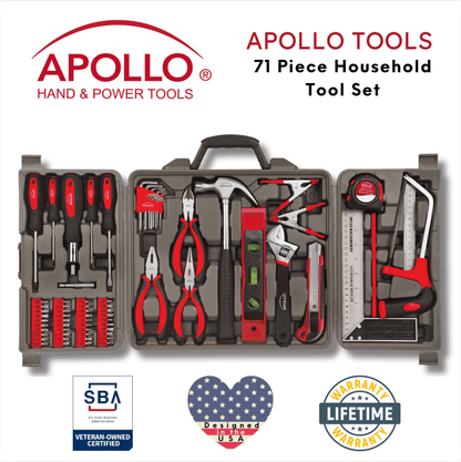 Apollo Tools 71 Piece Household Tool Kit with screwdriver set, pliers, hammer, tape measure, level, wrench, and compact storage case for DIY repairs
