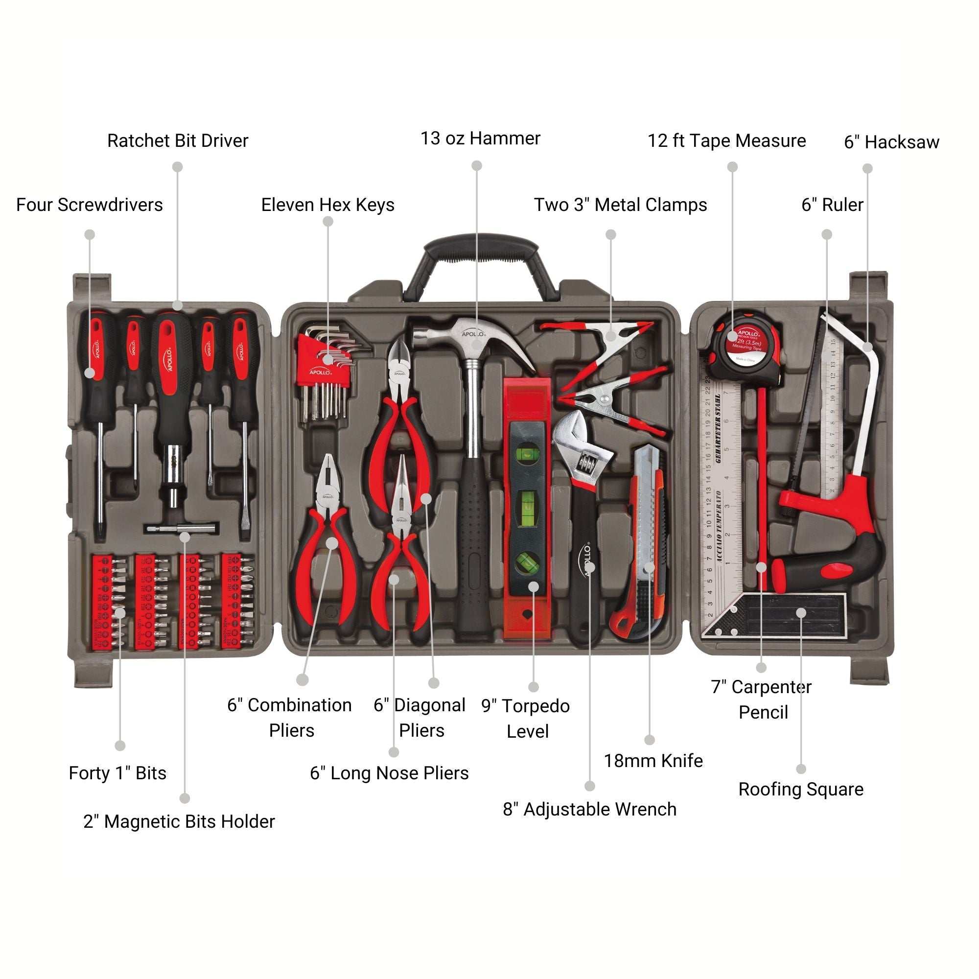 71 piece household tool kit with pliers, screwdrivers, hammer, tape measure, hacksaw, wrench, level, hex keys, clamps, and storage case