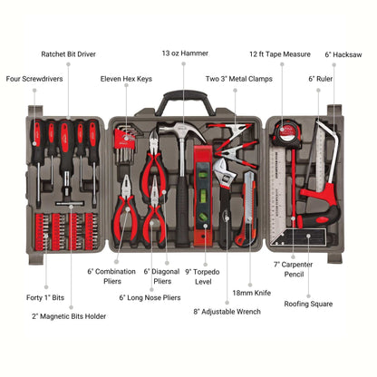 71 piece household tool kit with pliers, screwdrivers, hammer, tape measure, hacksaw, wrench, level, hex keys, clamps, and storage case