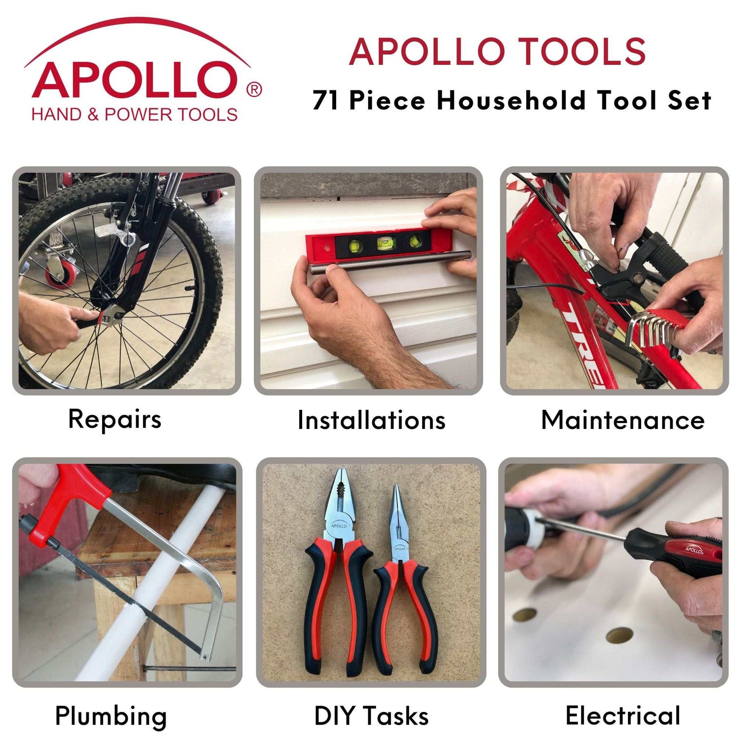 Apollo 71 Piece Household Tool Kit for repairs, installations, maintenance, plumbing, DIY tasks, and electrical work with assorted hand tools and sturdy storage case