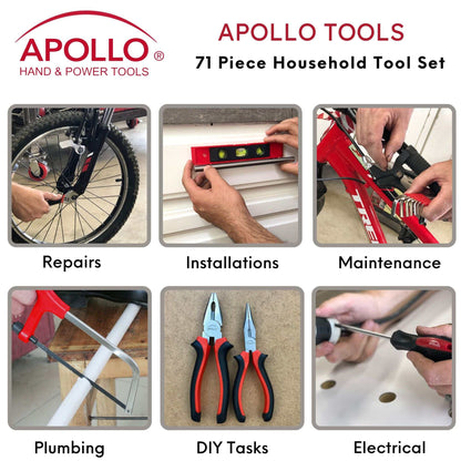Apollo 71 Piece Household Tool Kit for repairs, installations, maintenance, plumbing, DIY tasks, and electrical work with assorted hand tools and sturdy storage case