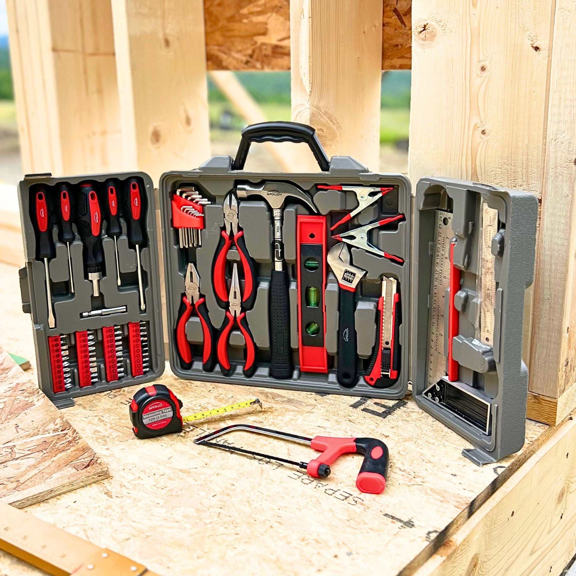 71 piece household tool kit with screwdrivers, pliers, hammer, saw, tape measure, level, wrench, hex keys, and compact storage case
