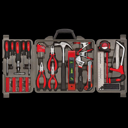 71 piece household tool kit with pliers, hammer, screwdrivers, tape measure, hacksaw, level, wrench, and clamps in a compact storage case