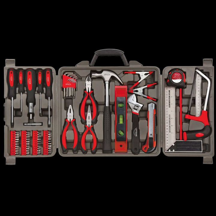 71 piece household tool kit with pliers, hammer, screwdrivers, tape measure, hacksaw, level, wrench, and clamps in a compact storage case