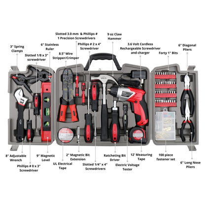 161 piece household toolset with cordless 3.6V lithium ion screwdriver and multi-tool kit in compact storage case