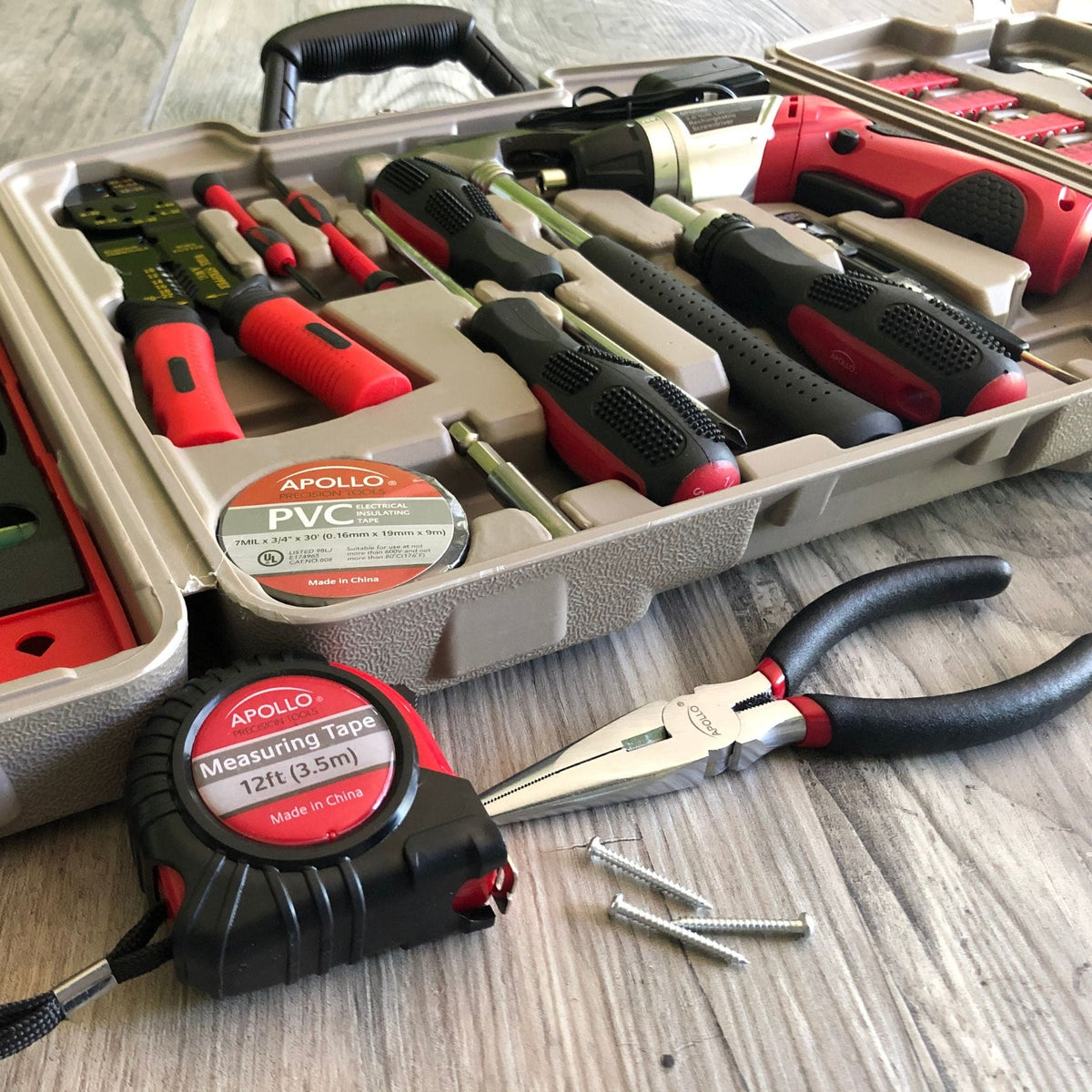 161 piece household toolset with cordless 3.6V lithium-ion screwdriver and compact storage case