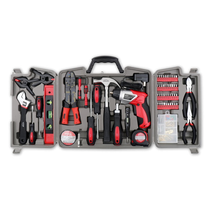 161 piece household toolset with cordless 3.6V lithium ion screwdriver and compact storage case