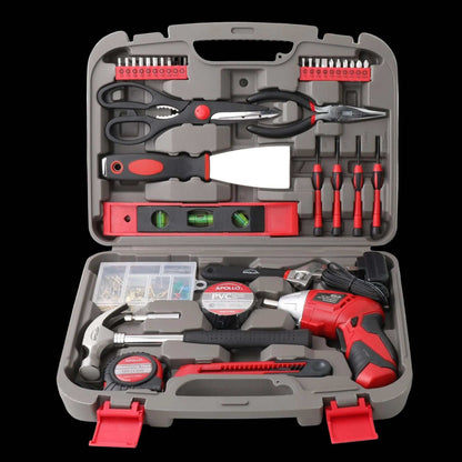 135 piece household tool set with cordless screwdriver and various hand tools in a portable case