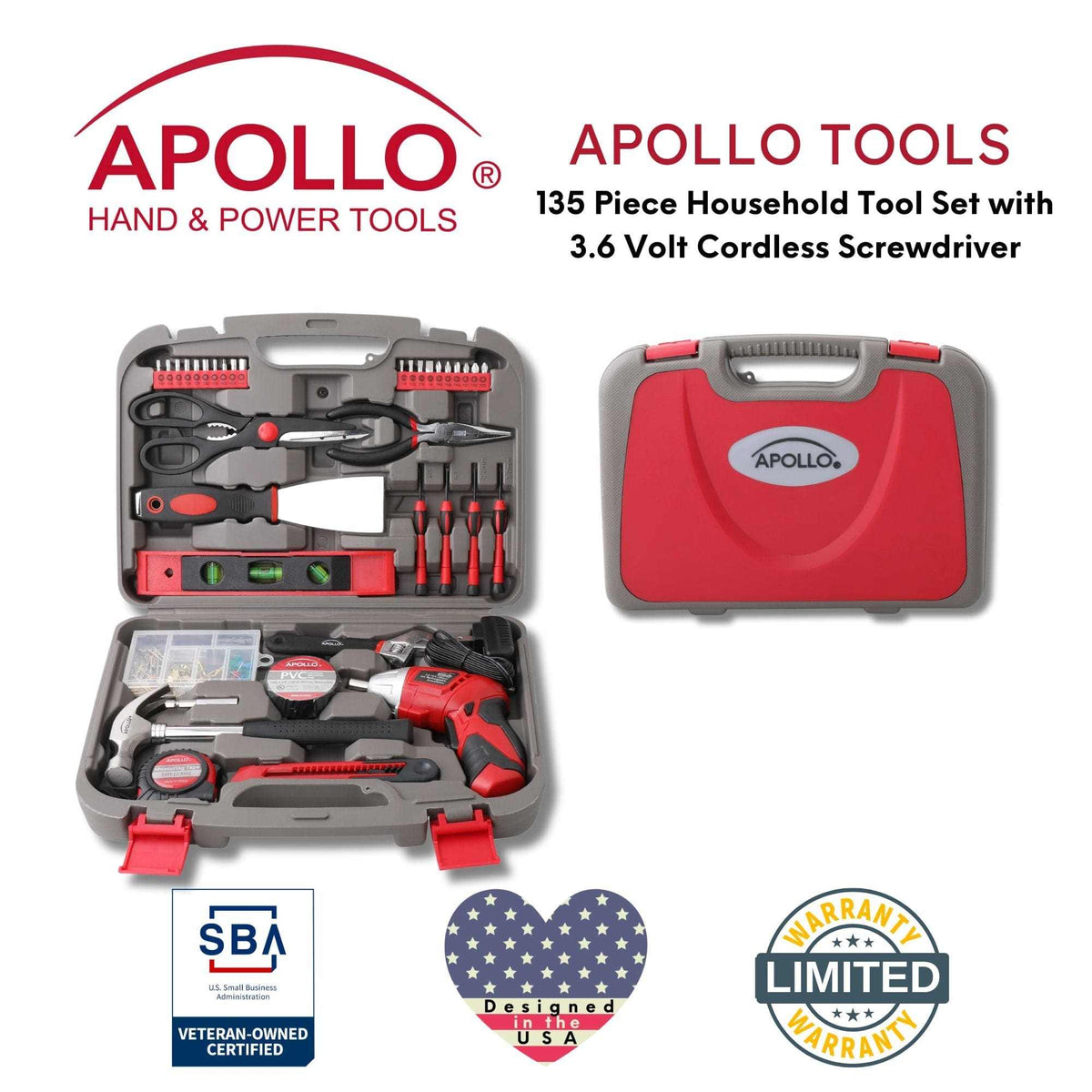135 piece household tool set with cordless lithium-ion screwdriver in carrying case