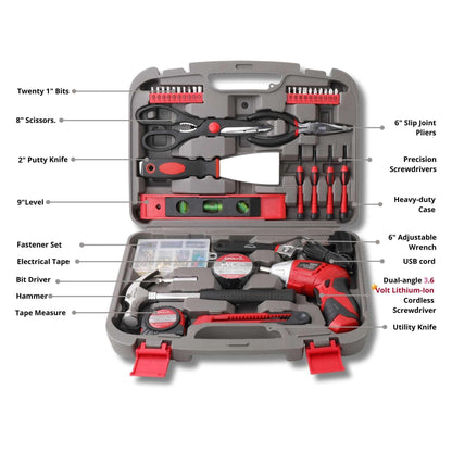 135 piece household tool set with cordless 3.6V lithium-ion screwdriver and organized heavy-duty case
