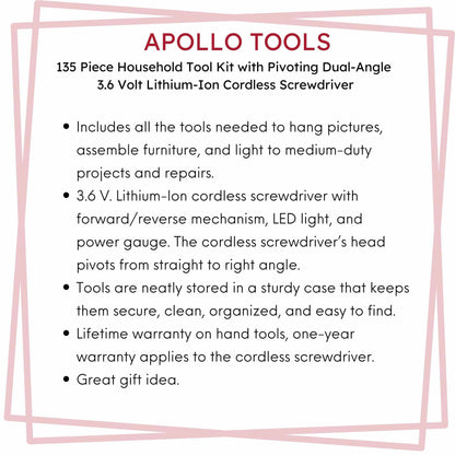 135 Piece Household Tool Set with cordless pivoting 3.6V lithium-ion screwdriver and organized sturdy case for DIY repairs