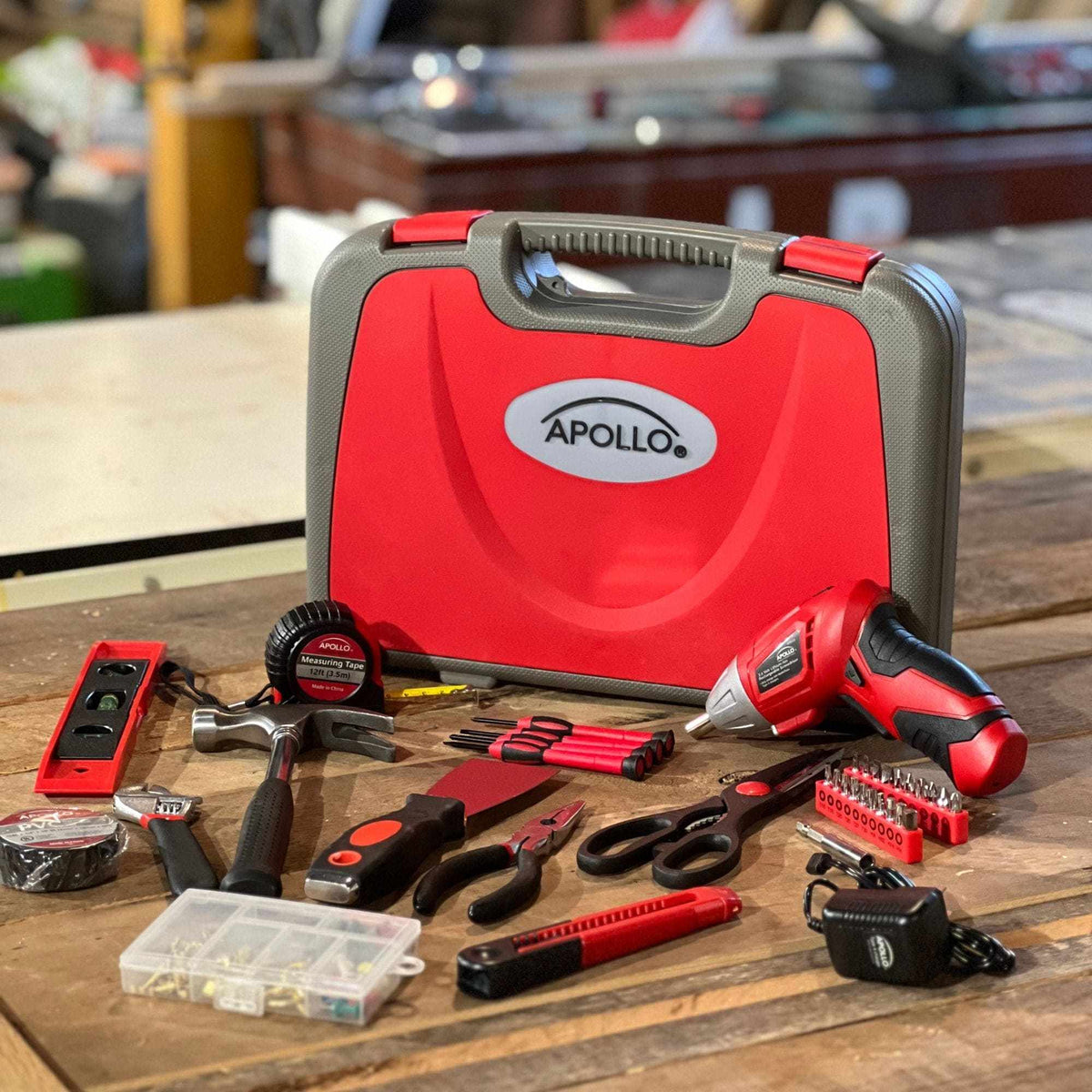 135 piece household tool set with cordless screwdriver and red carrying case for DIY repairs