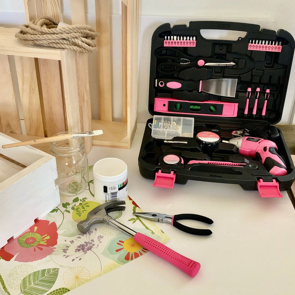 135 Piece Household Tool Kit Pink with Pivoting Dual-Angle 3.6 Volt Lithium-Ion Cordless Screwdriver - DT0773N1 - Prop and Piston