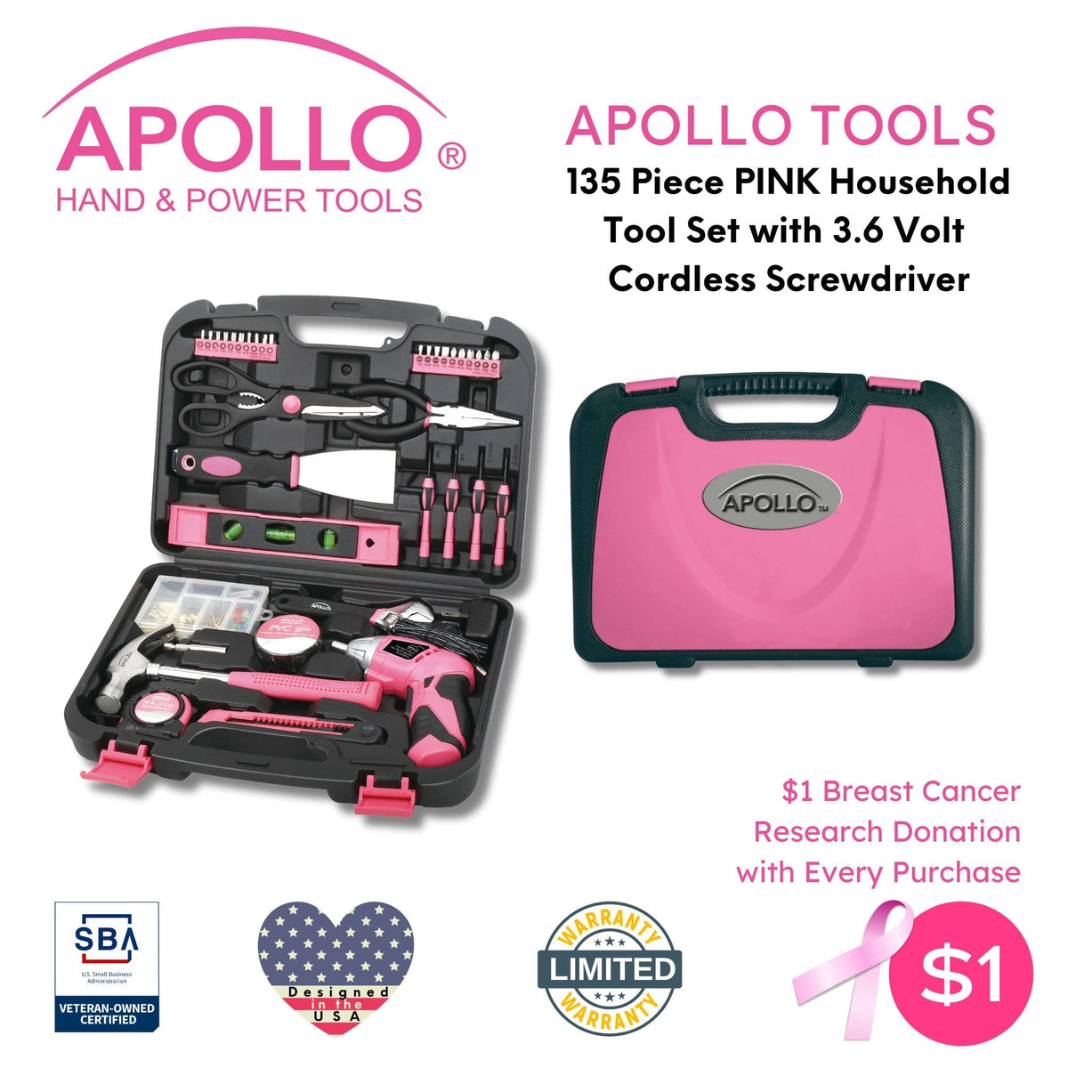 135 Piece Household Tool Kit Pink with Pivoting Dual-Angle 3.6 Volt Lithium-Ion Cordless Screwdriver - DT0773N1 - Prop and Piston