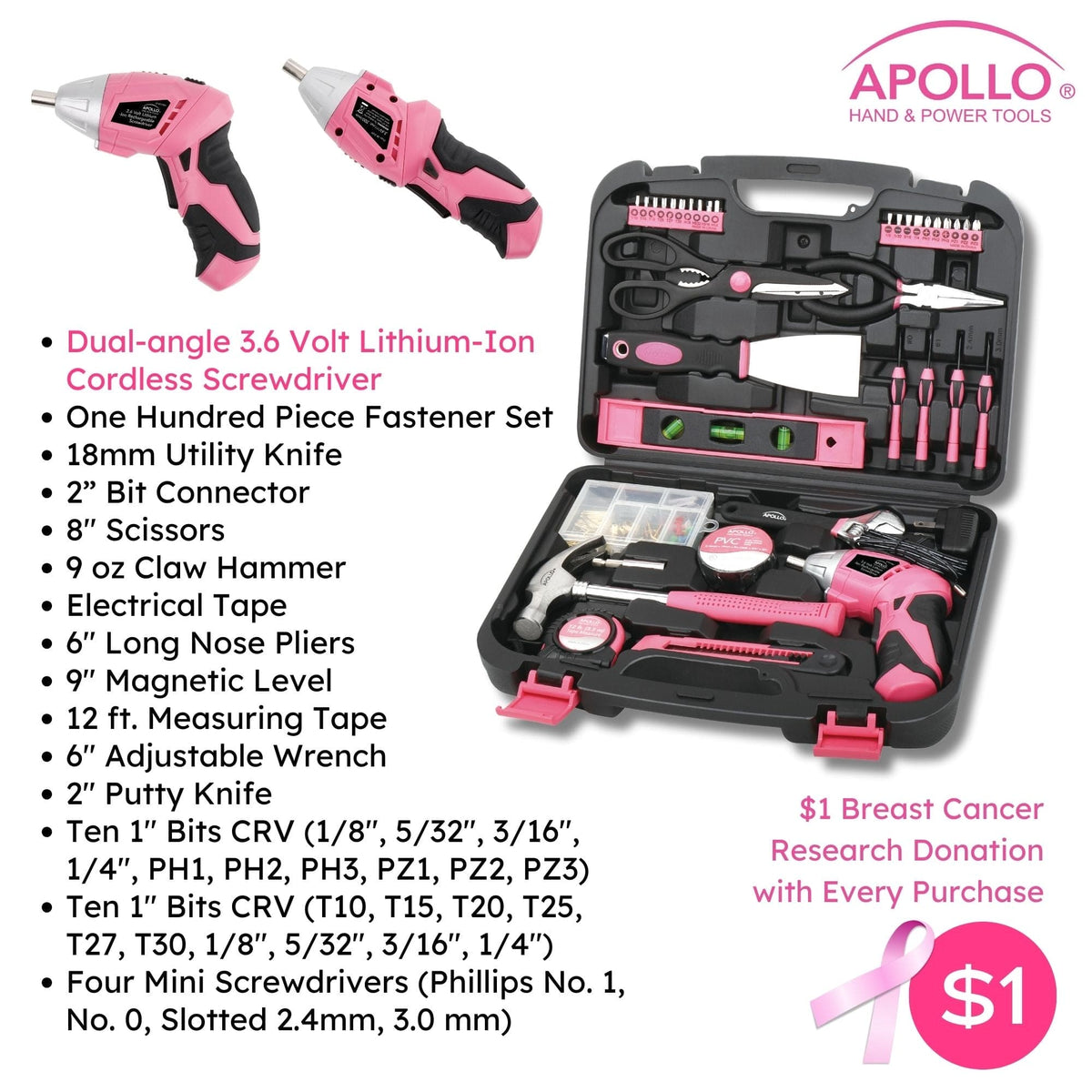 135 Piece Household Tool Kit Pink with Pivoting Dual-Angle 3.6 Volt Lithium-Ion Cordless Screwdriver - DT0773N1 - Prop and Piston