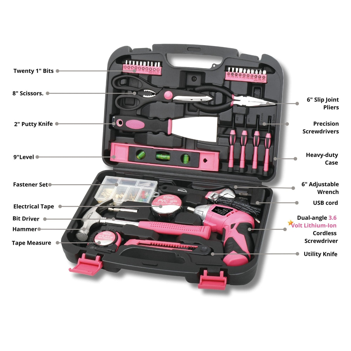 135 Piece Household Tool Kit Pink with Pivoting Dual-Angle 3.6 Volt Lithium-Ion Cordless Screwdriver - DT0773N1 - Prop and Piston