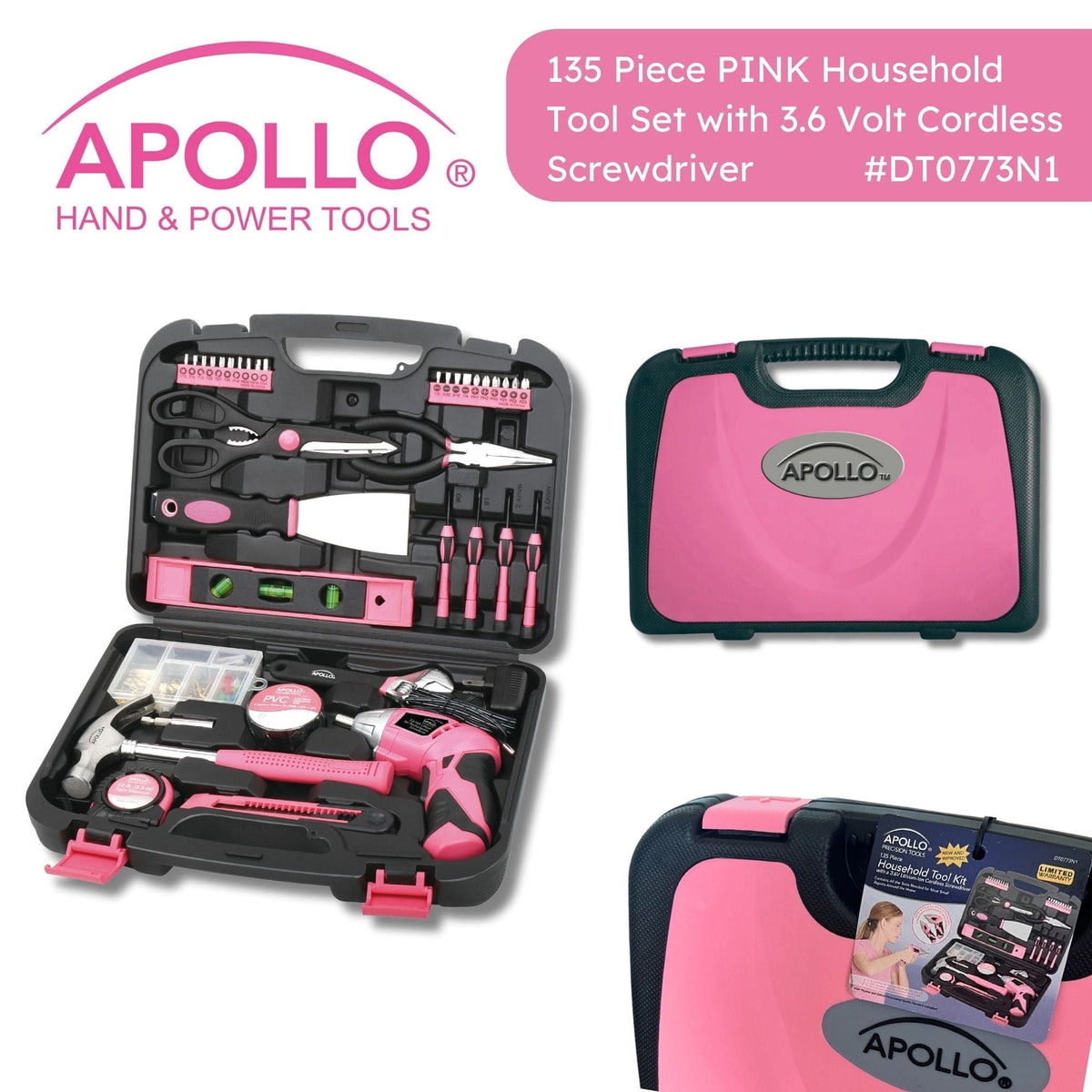 135 Piece Household Tool Kit Pink with Pivoting Dual-Angle 3.6 Volt Lithium-Ion Cordless Screwdriver - DT0773N1 - Prop and Piston