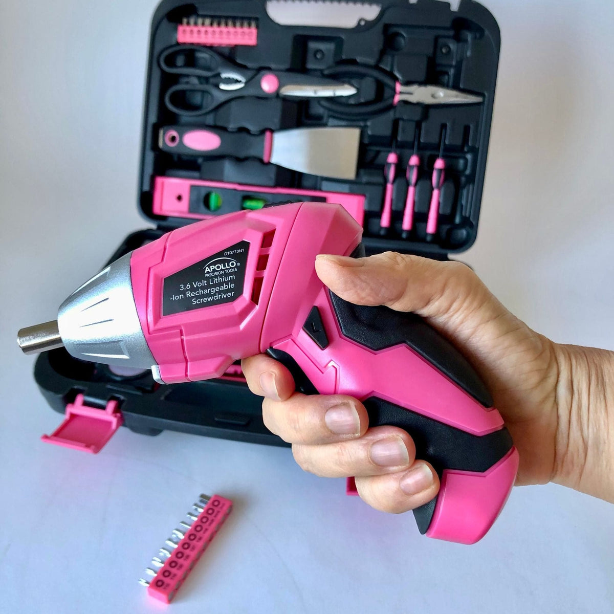 135 Piece Household Tool Kit Pink with Pivoting Dual-Angle 3.6 Volt Lithium-Ion Cordless Screwdriver - DT0773N1 - Prop and Piston