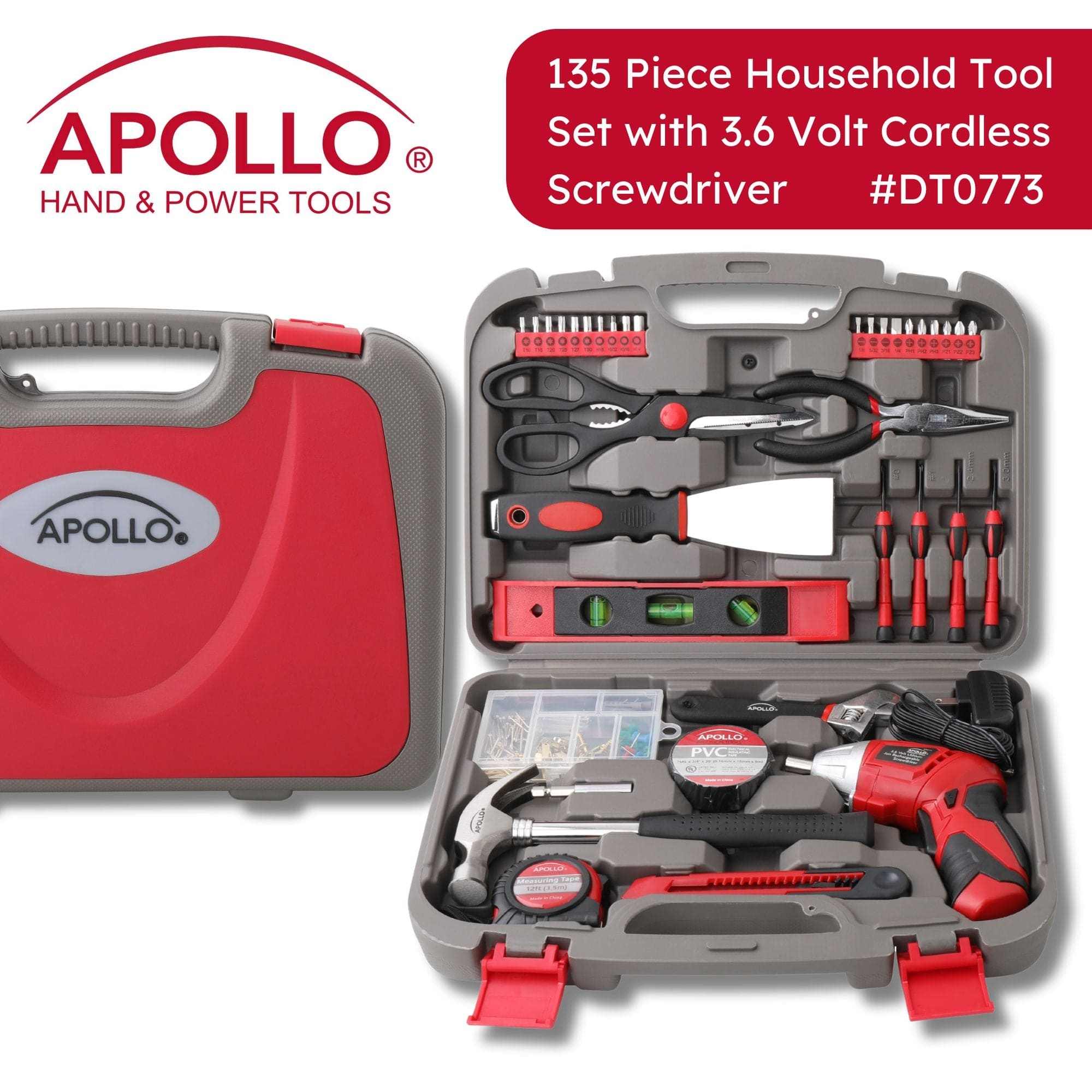 Apollo 135 piece household tool set with cordless screwdriver in a compact gray and red carrying case
