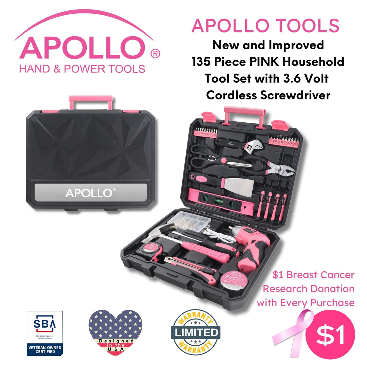 New and Improved 135 Piece Pink Household Tool Set with Pivoting Dual-Angle 3.6 Volt Lithium-Ion Cordless Screwdriver in Hard Case - DT0774P - Prop and Piston