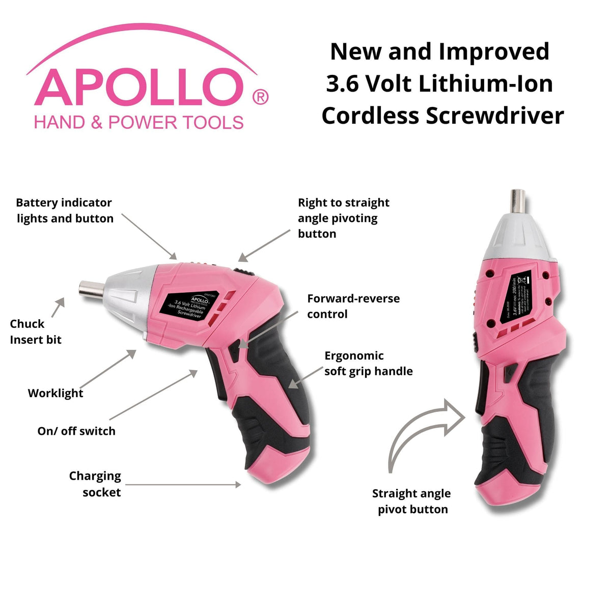 New and Improved 135 Piece Pink Household Tool Set with Pivoting Dual-Angle 3.6 Volt Lithium-Ion Cordless Screwdriver in Hard Case - DT0774P - Prop and Piston
