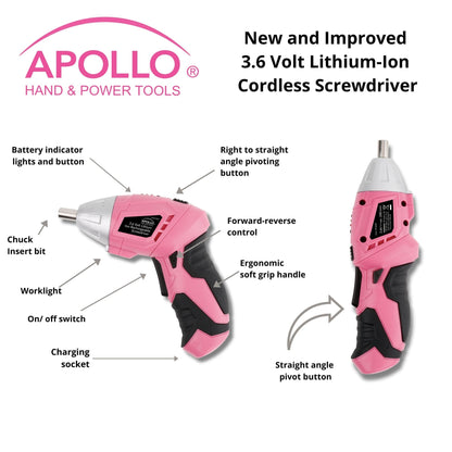 New and Improved 135 Piece Pink Household Tool Set with Pivoting Dual-Angle 3.6 Volt Lithium-Ion Cordless Screwdriver in Hard Case - DT0774P - Prop and Piston
