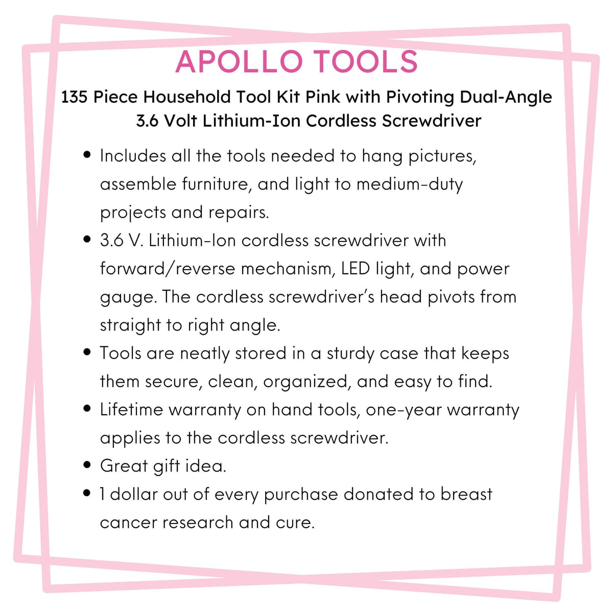 135 Piece Household Tool Kit Pink with Pivoting Dual-Angle 3.6 Volt Lithium-Ion Cordless Screwdriver - DT0773N1 - Prop and Piston