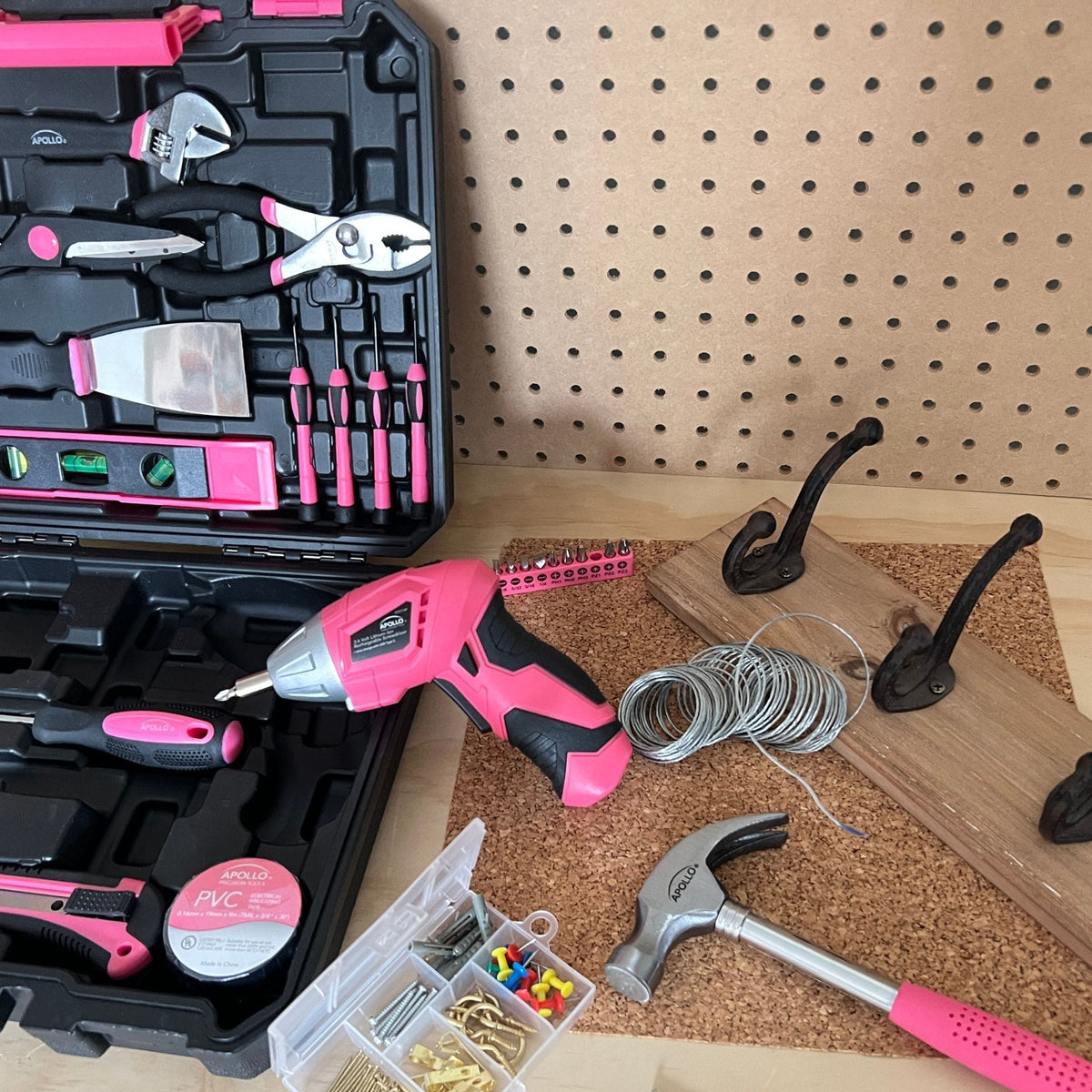 New and Improved 135 Piece Pink Household Tool Set with Pivoting Dual-Angle 3.6 Volt Lithium-Ion Cordless Screwdriver in Hard Case - DT0774P - Prop and Piston