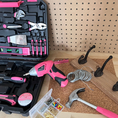 New and Improved 135 Piece Pink Household Tool Set with Pivoting Dual-Angle 3.6 Volt Lithium-Ion Cordless Screwdriver in Hard Case - DT0774P - Prop and Piston