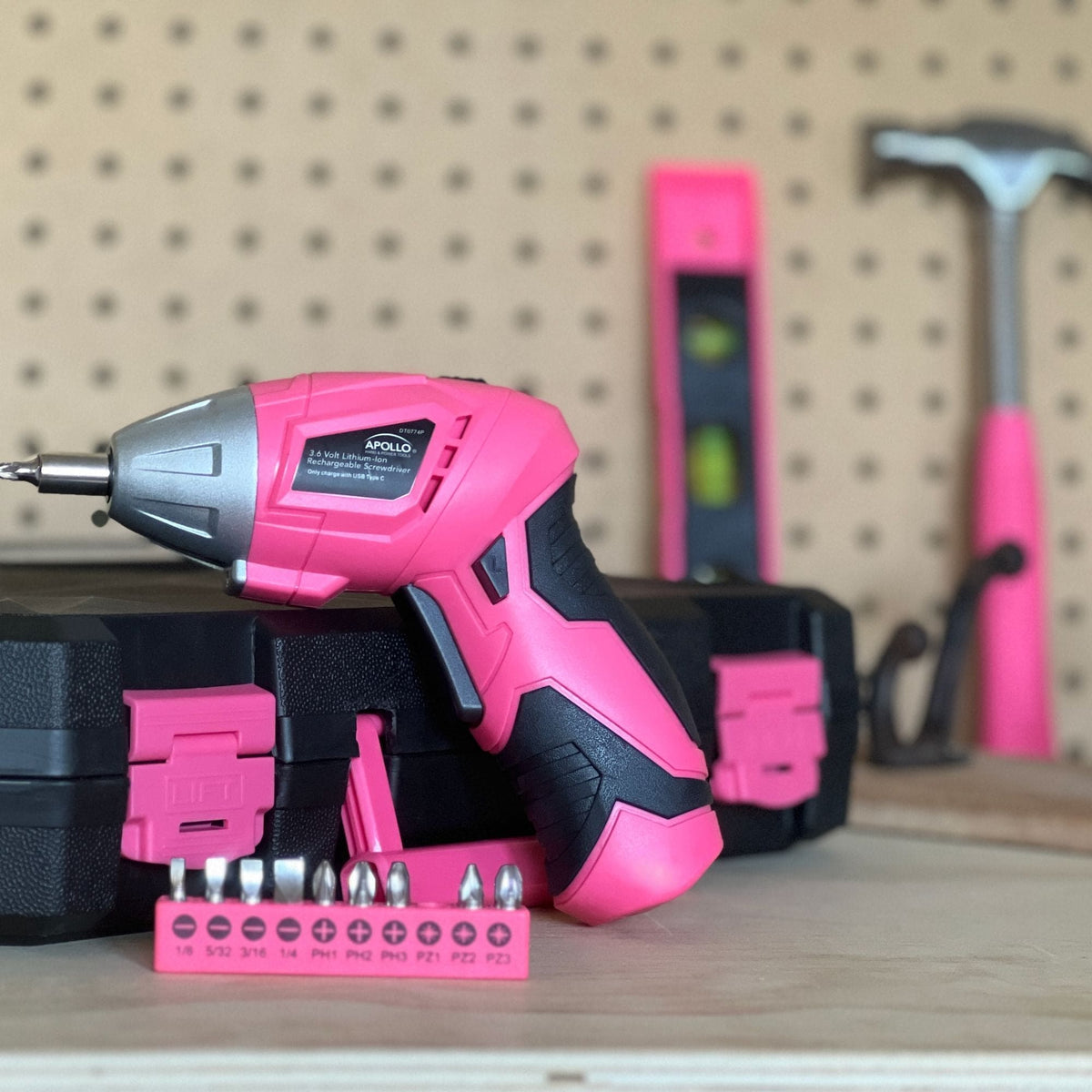 New and Improved 135 Piece Pink Household Tool Set with Pivoting Dual-Angle 3.6 Volt Lithium-Ion Cordless Screwdriver in Hard Case - DT0774P - Prop and Piston