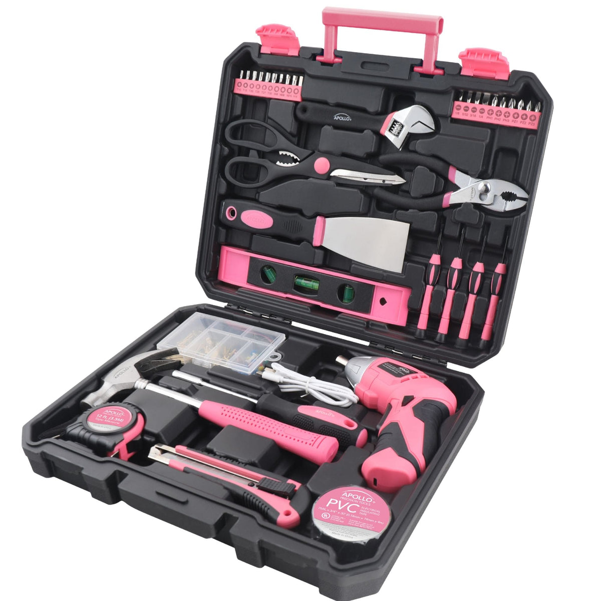 New and Improved 135 Piece Pink Household Tool Set with Pivoting Dual-Angle 3.6 Volt Lithium-Ion Cordless Screwdriver in Hard Case - DT0774P - Prop and Piston