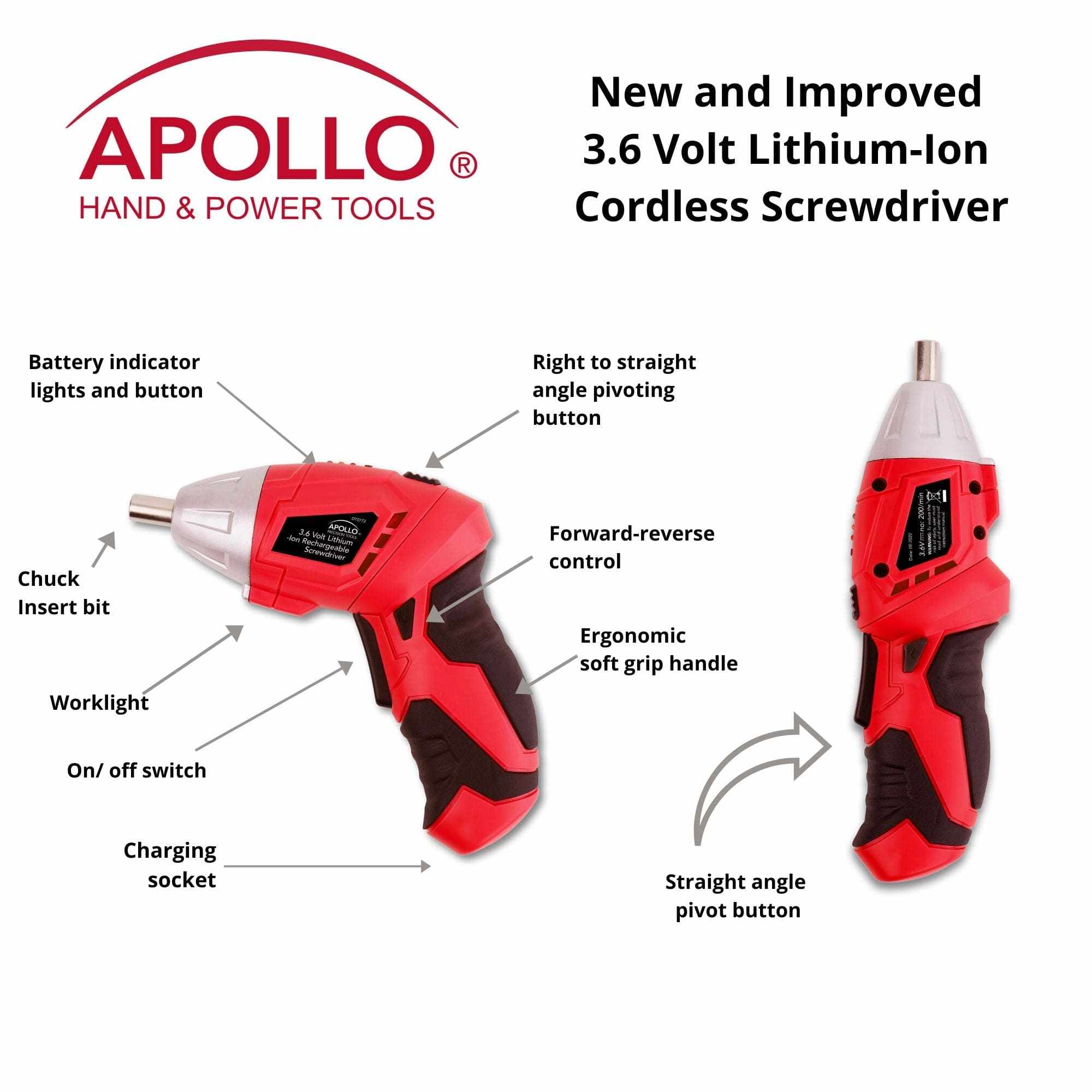 Red and black 3.6 volt lithium-ion cordless screwdriver with pivoting handle and ergonomic grip from Apollo household tool set