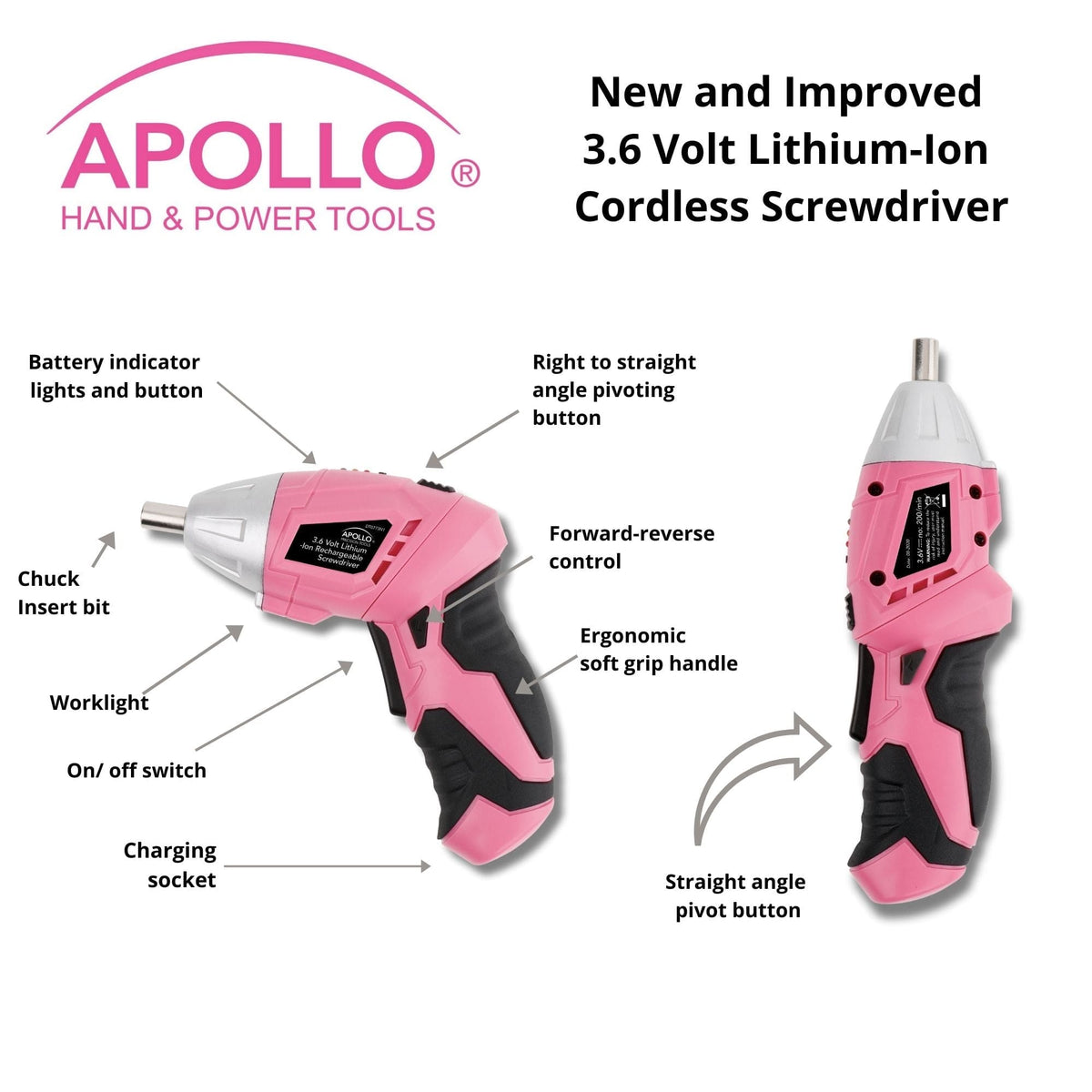 135 Piece Household Tool Kit Pink with Pivoting Dual-Angle 3.6 Volt Lithium-Ion Cordless Screwdriver - DT0773N1 - Prop and Piston