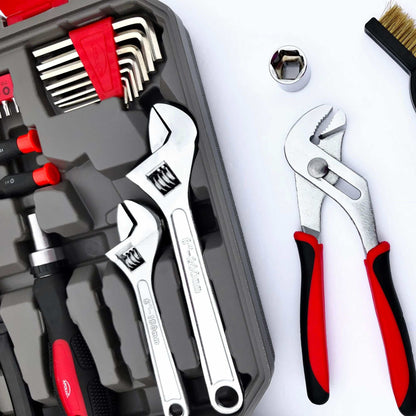 95 piece mechanics tool set with adjustable wrenches, pliers, hex keys, and ratchets in a compact carrying case