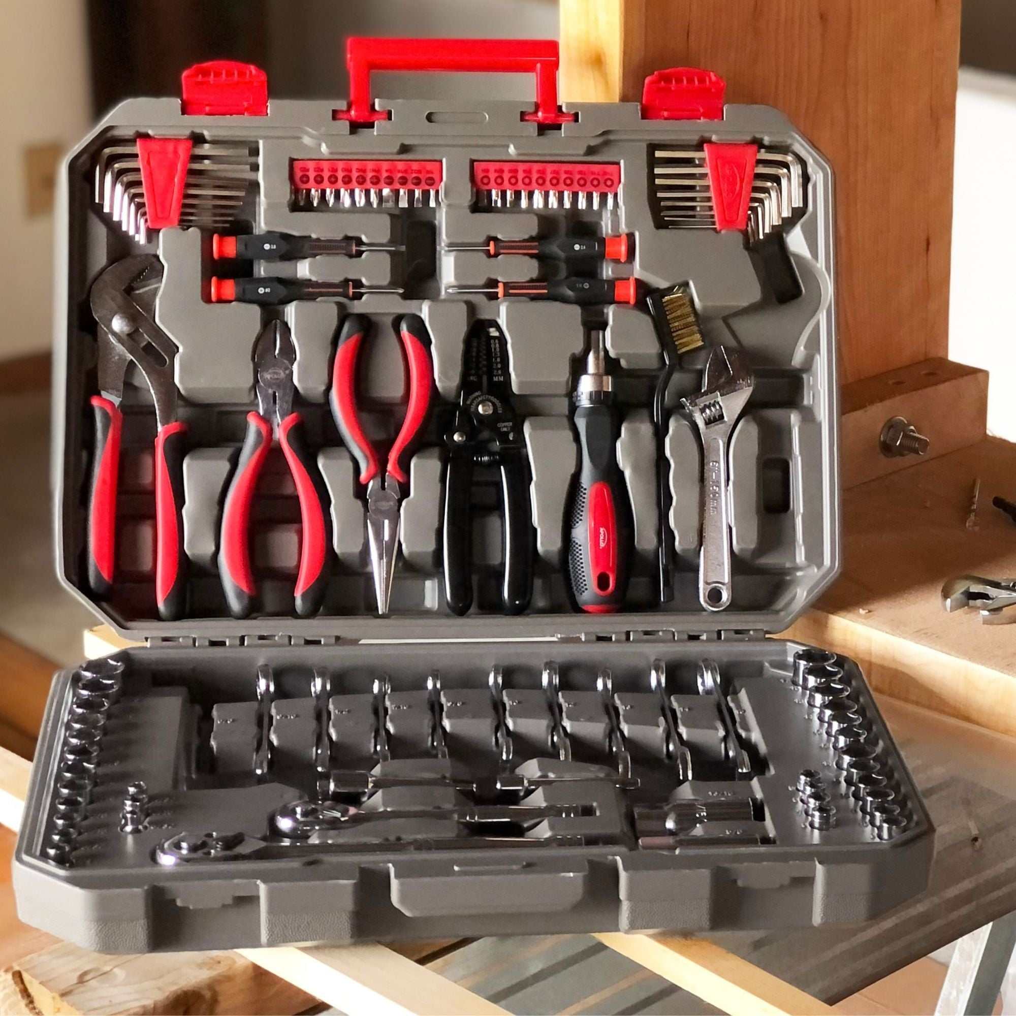 95-piece Mechanics Tool Set with sockets, wrenches, pliers, and screwdrivers in a compact carrying case