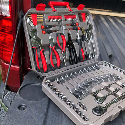 95 piece mechanics tool set with metric and SAE sockets, wrenches, pliers, ratchets in a compact carrying case