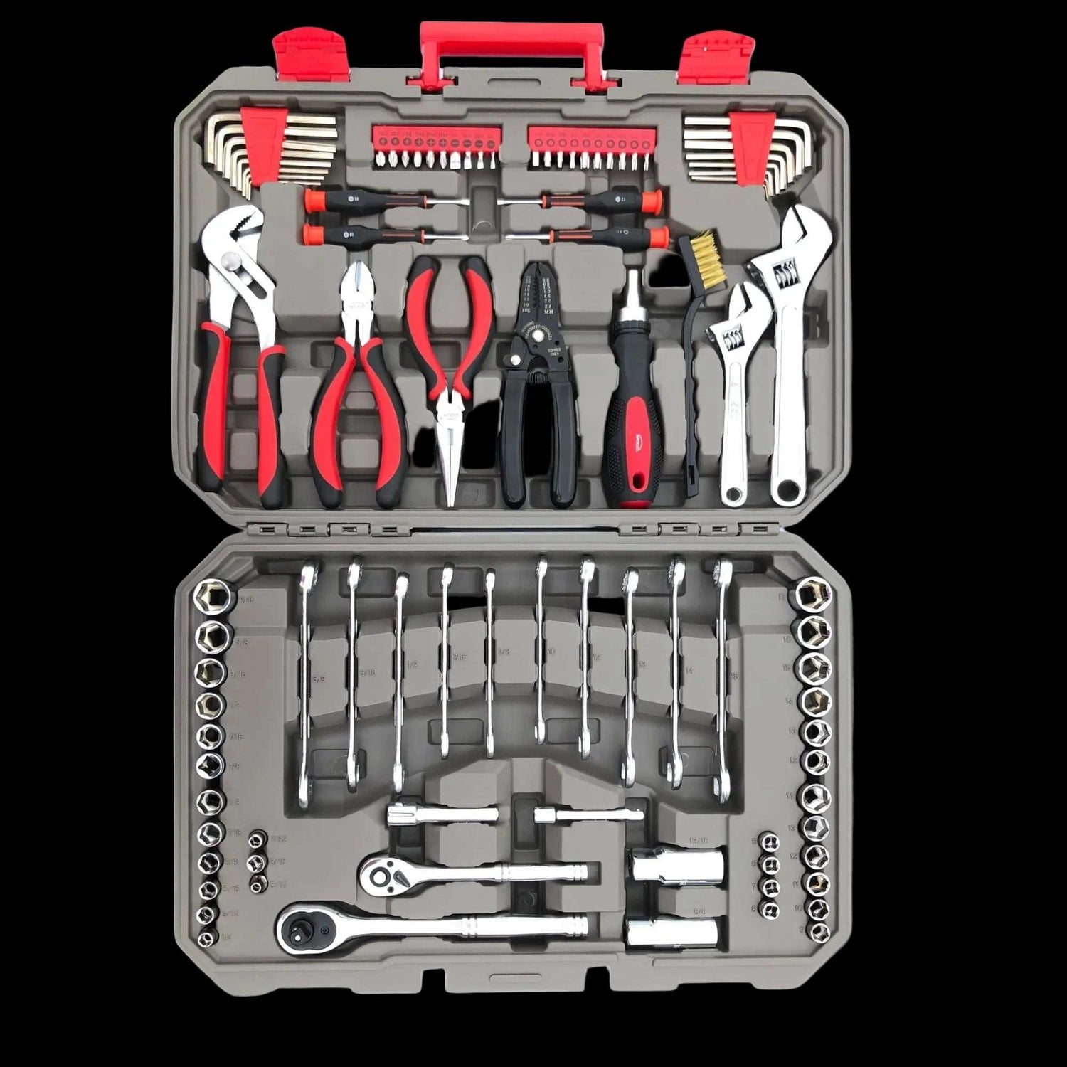 95-piece mechanics tool set with sockets, wrenches, pliers, and accessories in a compact case for metric and SAE repairs