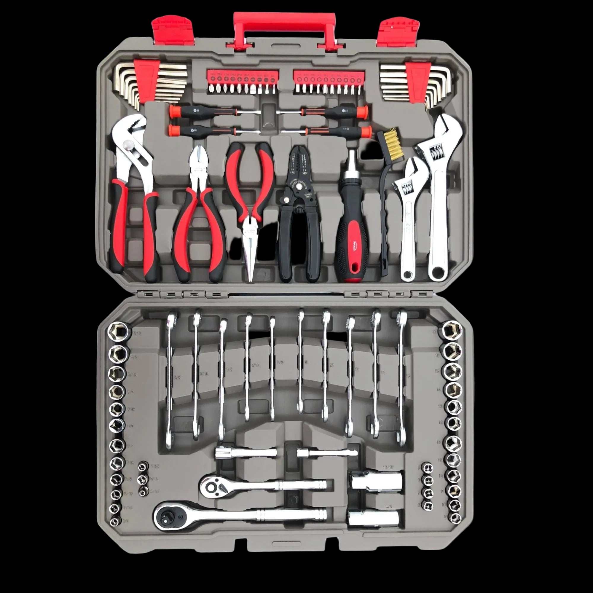 95-piece mechanics tool set with sockets, wrenches, pliers, and accessories in a compact case for metric and SAE repairs
