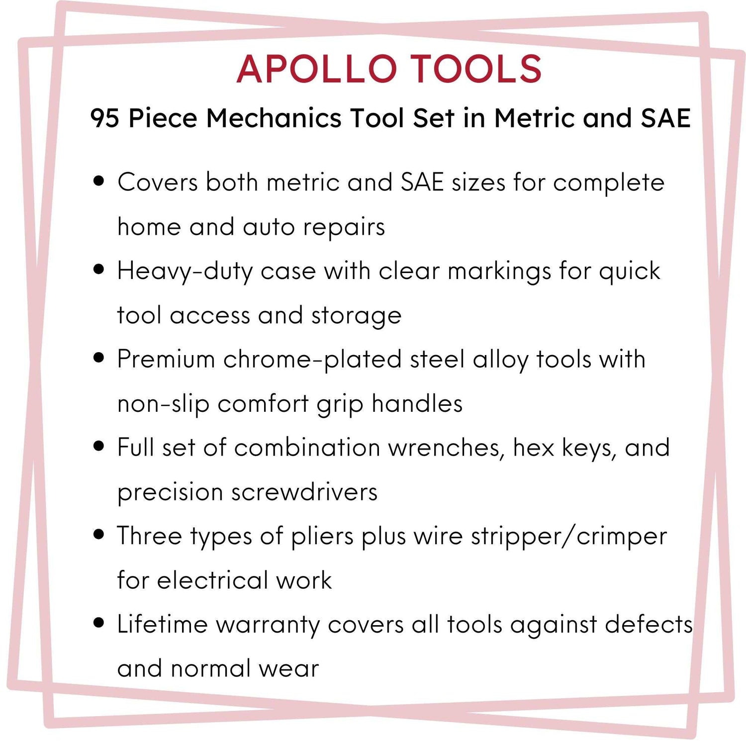 95 piece Apollo Tools Mechanics Tool Set in metric and SAE with sockets, wrenches, pliers, and durable carrying case for home and auto repairs