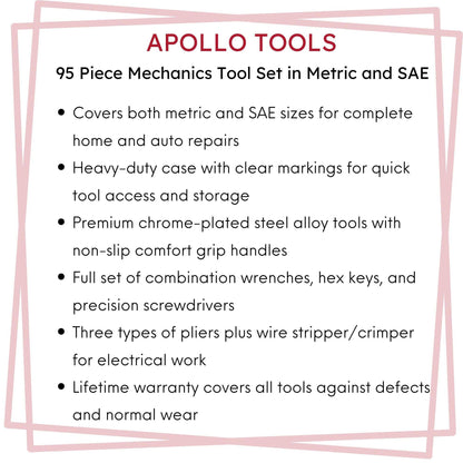 95 piece Apollo Tools Mechanics Tool Set in metric and SAE with sockets, wrenches, pliers, and durable carrying case for home and auto repairs