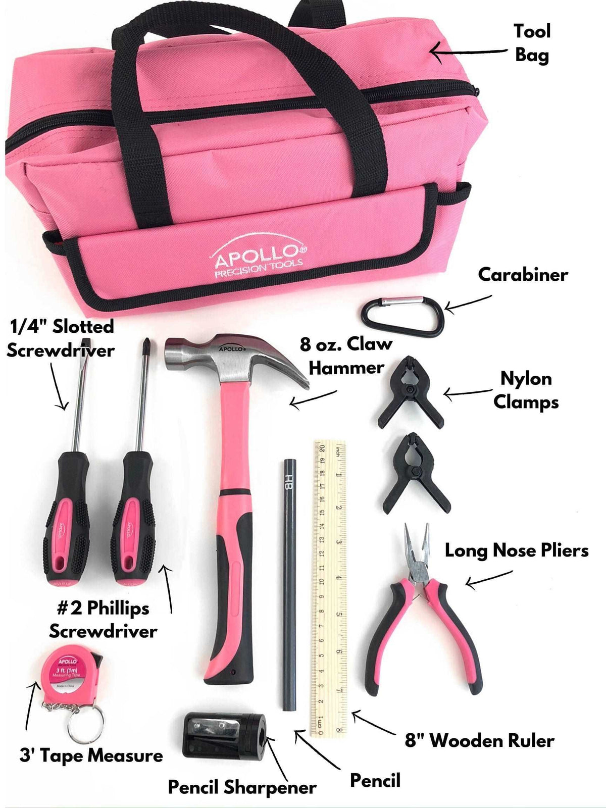 14 Piece My First Tool Kit Educational Tool Set with Pink Tool Bag, Real Pink Tools, and Safety Gear --DT4936P - Prop and Piston