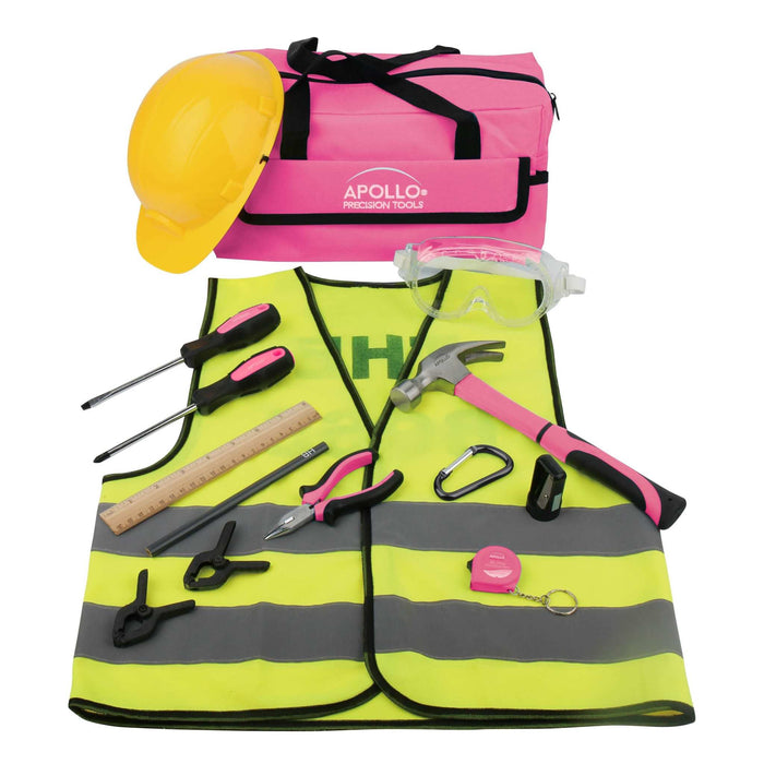 14 Piece My First Tool Kit Educational Tool Set with Pink Tool Bag, Real Pink Tools, and Safety Gear --DT4936P - Prop and Piston