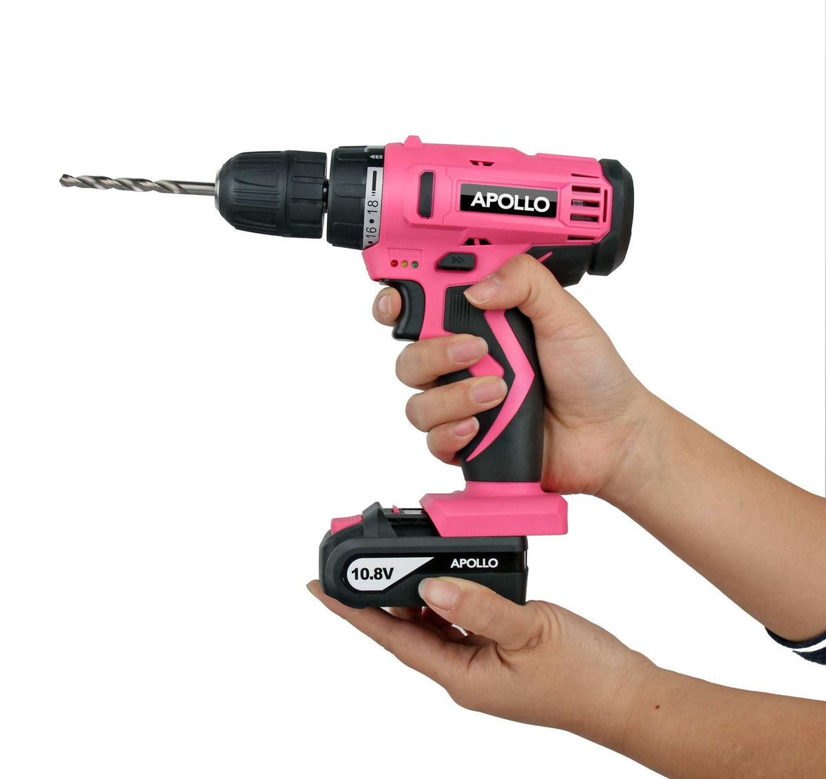Pink 10.8 Volt Lithium-Ion cordless drill with 30-piece accessory set and keyless chuck
