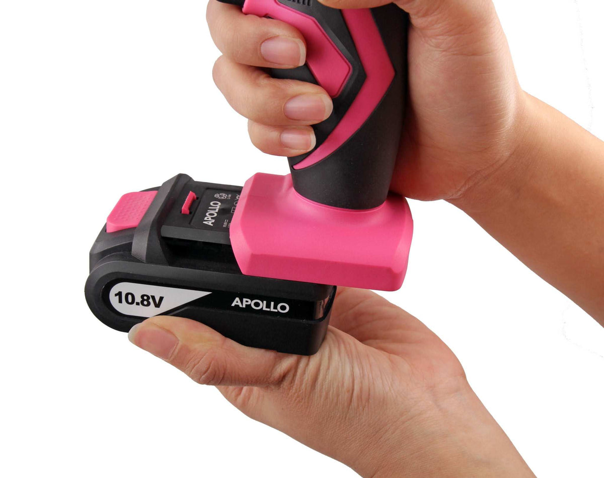 10.8 Volt Lithium-Ion cordless drill in pink with 30-piece accessory set and keyless chuck